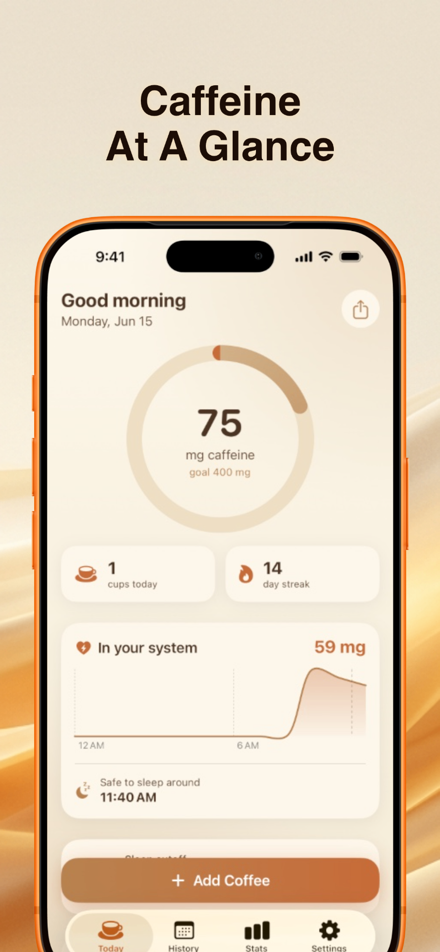 Beantracker Today screen — Caffeine at a glance
